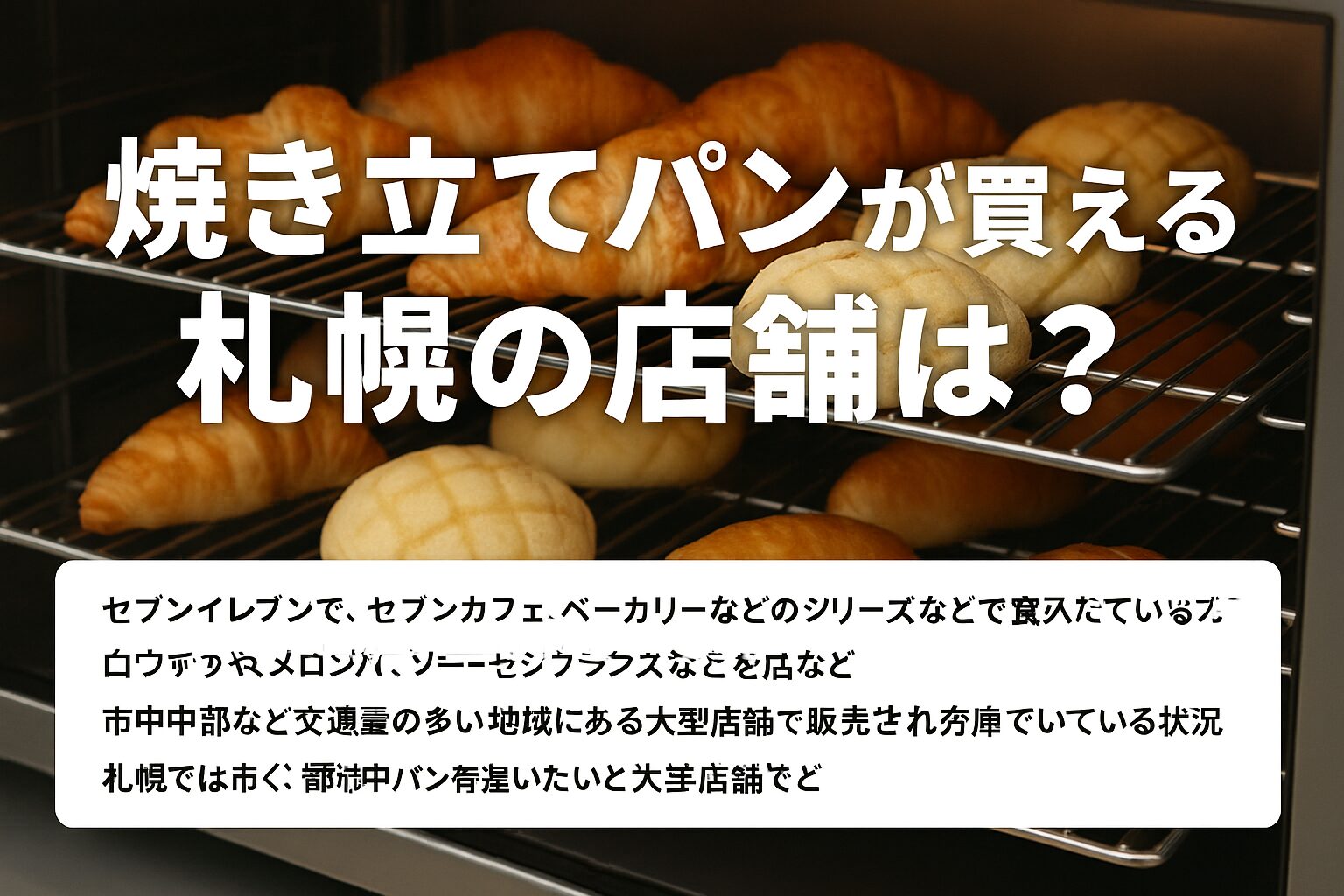 オーブンの中で焼き上がるクロワッサンやメロンパン、ソーセージフランスなどのパンが並ぶ様子。「焼き立てパンが買える札幌の店舗は?」という白抜き文字と、セブンイレブンでの取り扱い状況を説明するテキストが重ねられている。背景はステンレス製の業務用オーブンで、温かみのある光に包まれている。