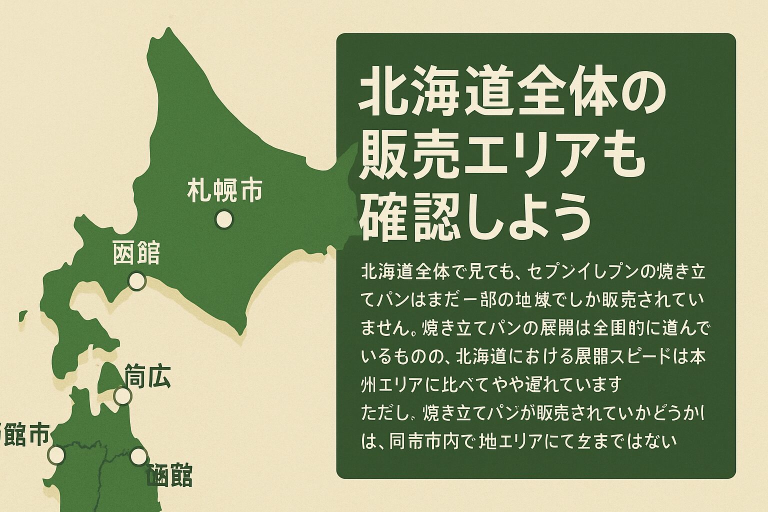 北海道全体の地図に、焼き立てパンが販売されている主要都市(札幌市、函館市、旭川市、苫小牧市、帯広市など)が日本語で表示されている。地図の右側には「北海道全体の販売エリアも確認しよう」というタイトルと共に、北海道内での展開状況に関する説明文が記載されている。全体的に緑とベージュを基調としたシンプルで見やすいインフォグラフィック。