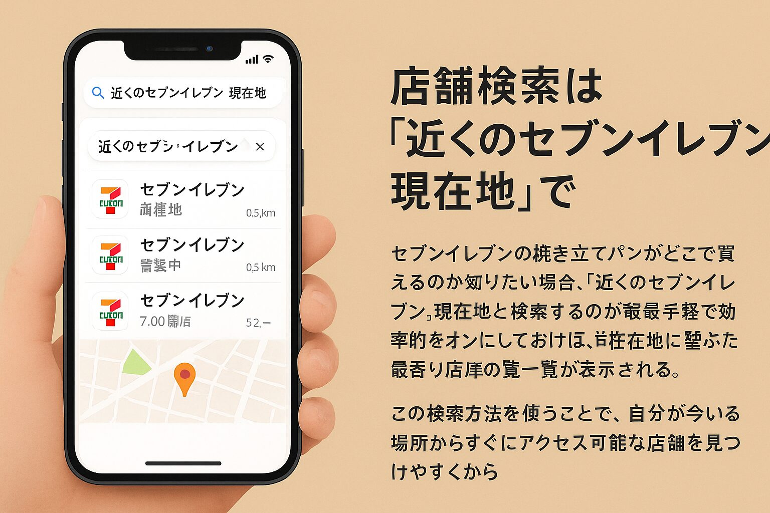 スマートフォンの画面に「近くのセブンイレブン 現在地」という検索結果が表示されており、最寄りのセブンイレブン店舗の一覧と地図が見える。画面左側にスマホを持つ手があり、右側には「店舗検索は『近くのセブンイレブン 現在地』で」という大きな見出しと、検索方法の説明文が日本語で掲載されている。背景はシンプルなベージュ。