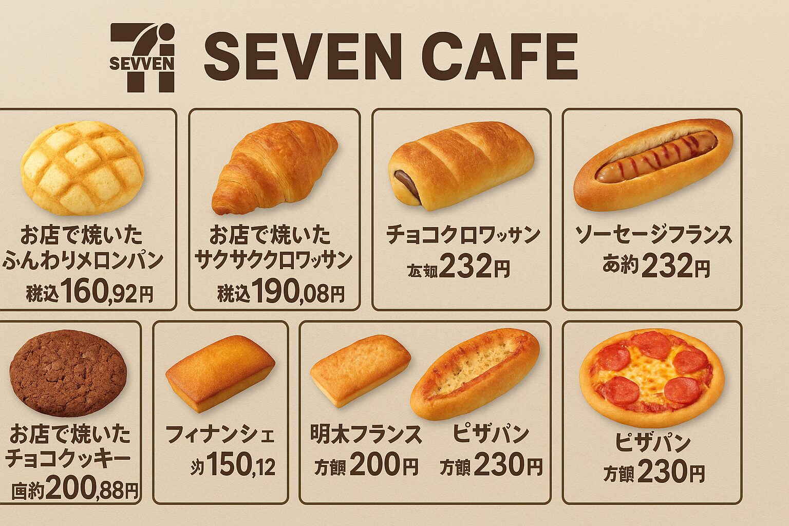 「SEVEN CAFE」のロゴとともに、セブン-イレブンの人気焼き立てパンと焼き菓子8種が2列×4列で配置された一覧表。各商品に名前と税込価格が明記されており、ふんわりメロンパン、クロワッサン、チョコクロワッサン、ソーセージフランス、チョコクッキー、フィナンシェ、明太フランス、ピザパン(丸型・楕円型)の写真が鮮明に表示されている。全体は温かみのあるベージュ背景。