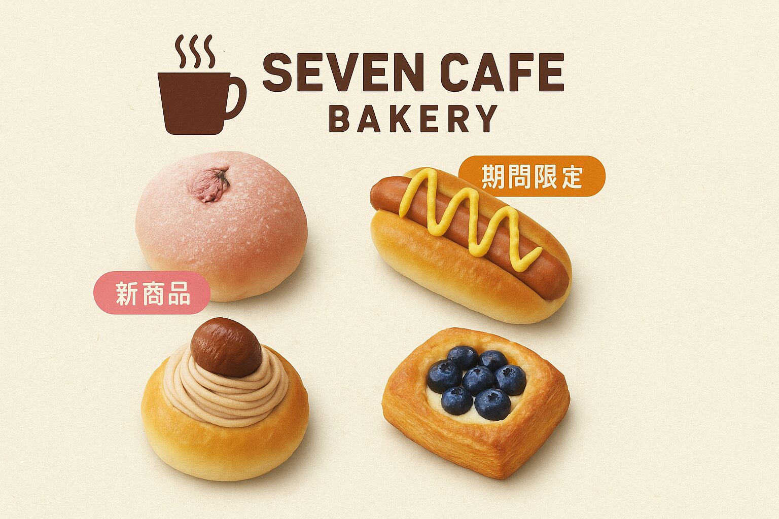 「SEVEN CAFE BAKERY」のロゴの下に、桜風味のパン、ホットドッグ風パン、マロンクリームパン、ブルーベリーデニッシュの4種類の新作パンが並ぶ。パンの横には「新商品」「期間限定」といったラベルが添えられ、季節やトレンドに合わせて展開される商品ラインナップを視覚的に伝えている。背景は温かみのあるオフホワイト。