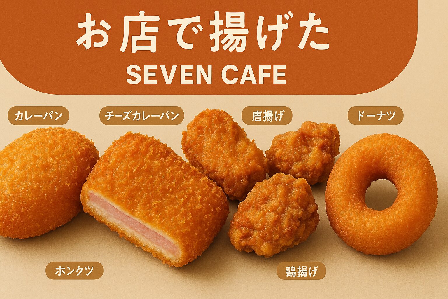 「お店で揚げた SEVEN CAFE」のタイトルの下に、カレーパン、チーズカレーパン、ホンカツ、唐揚げ、ドーナツの5種類の揚げ物が並ぶ。いずれもきつね色に揚がったサクサクの衣が特徴的で、ベージュの背景に温かみのあるオレンジ系の配色が食欲をそそる構成。各商品には日本語で名称が表示されている。