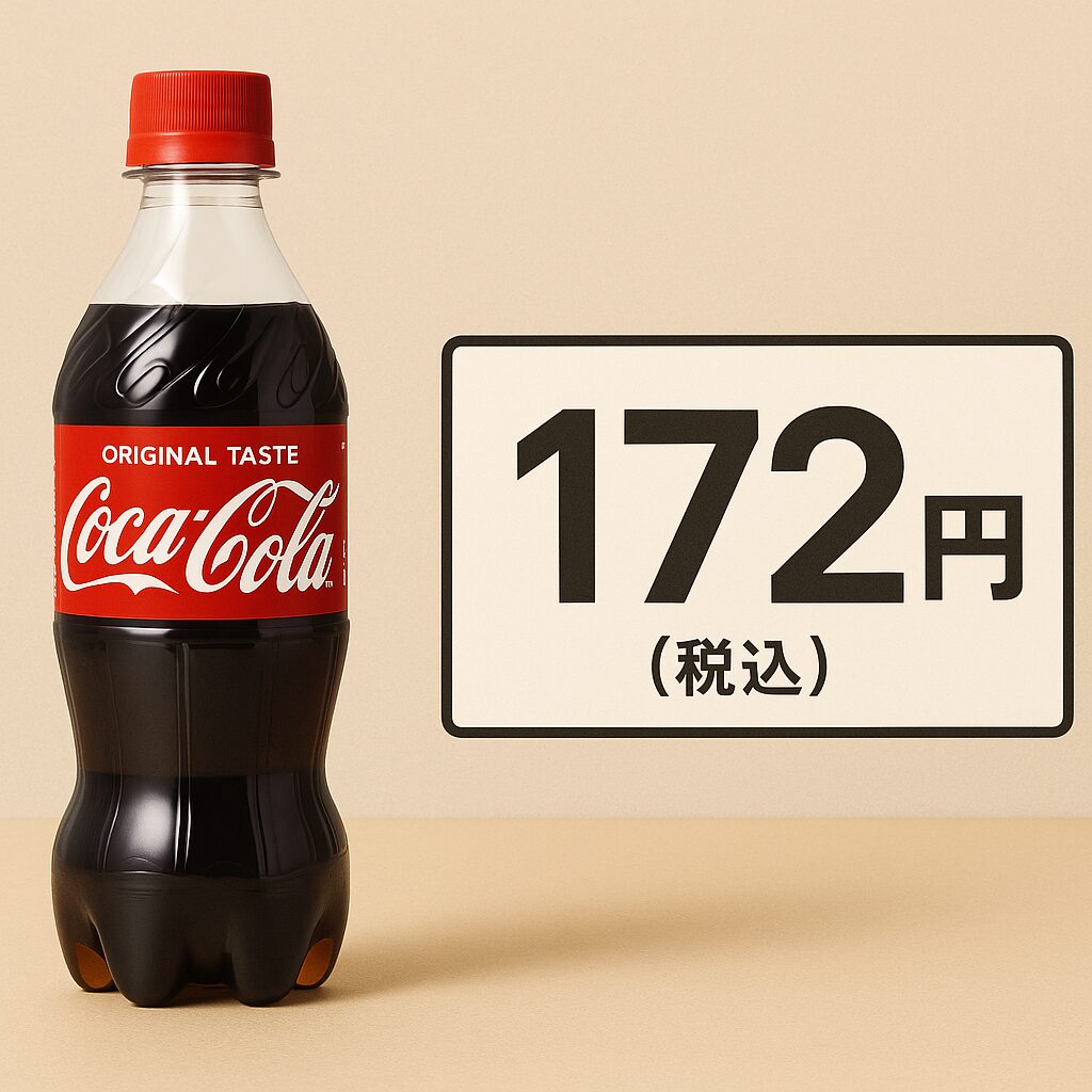 ベージュの背景の上に、セブンイレブンで販売されている500mlのコカ・コーラのペットボトルが立っており、右側には「172円(税込)」と大きく書かれた価格表示が並んでいる。コカ・コーラの赤いラベルとキャップが目を引き、全体的にシンプルでわかりやすい構成。