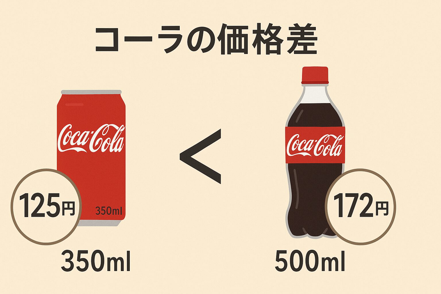 ベージュの背景に「コーラの価格差」というタイトル。左には125円の350ml缶のコカ・コーラ、右には172円の500mlペットボトルが配置されており、中央には価格差を示す「<」の記号が大きく描かれている。容量と価格の違いが視覚的にわかる比較イラスト。