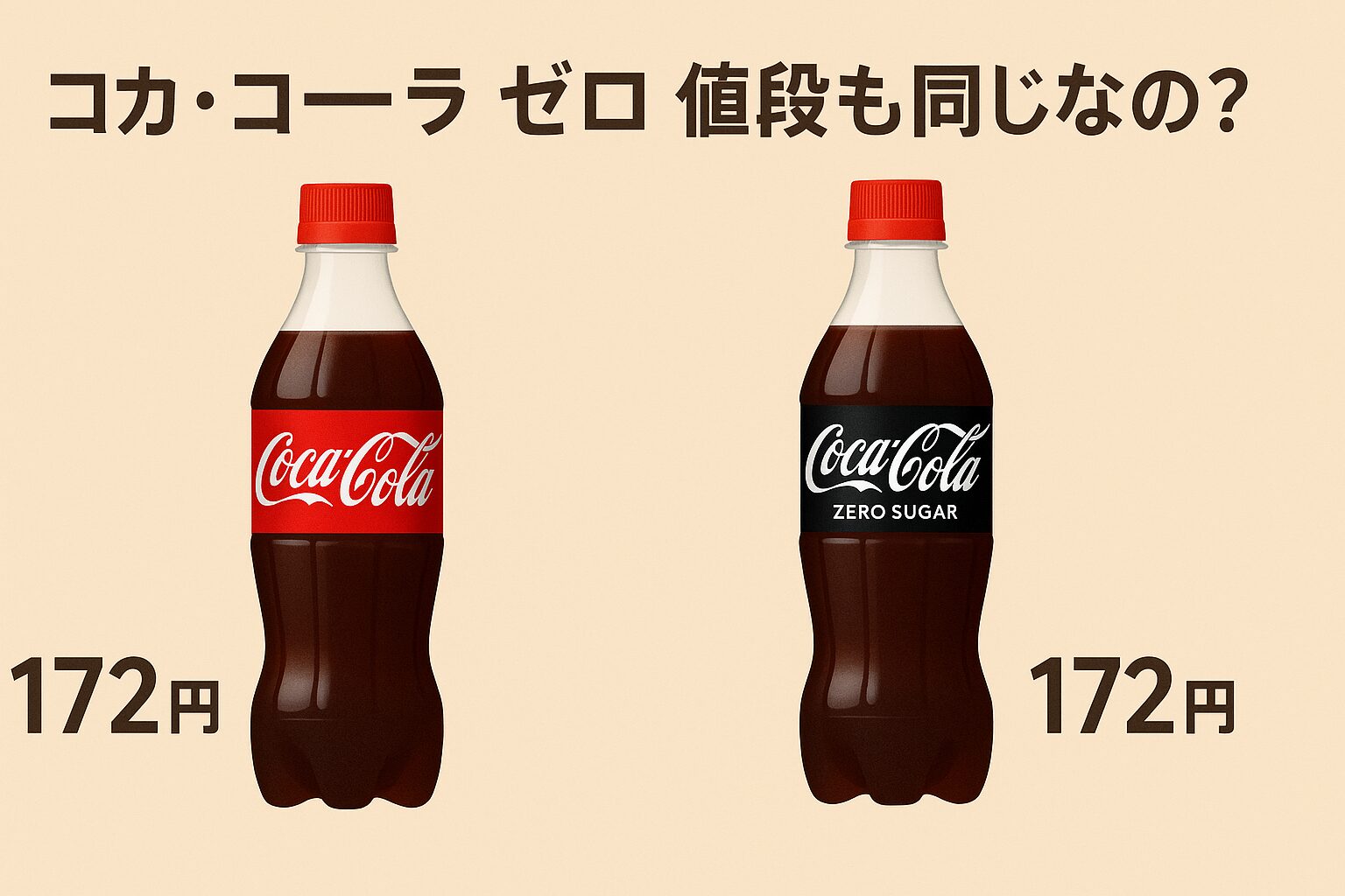 「コカ・コーラ ゼロ 値段も同じなの?」という日本語の見出しの下に、左に赤いラベルのコカ・コーラ、右に黒いラベルのコカ・コーラ ゼロシュガーが並び、どちらも500mlサイズで「172円」と表示されている。背景はベージュで、価格が同じであることを視覚的に示したシンプルな比較画像。