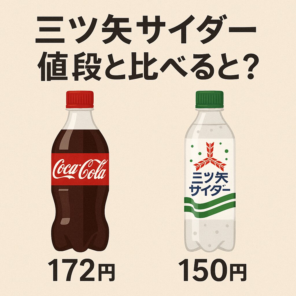 「三ツ矢サイダー 値段と比べると?」という見出しの下に、500mlのコカ・コーラ(172円)と三ツ矢サイダー(150円)が並んで表示されている比較イラスト。左のコーラは赤いラベルとキャップ、右のサイダーは透明なボトルに緑のキャップと青緑のラベルが特徴。価格差が視覚的に分かりやすく示されている。背景はベージュ。