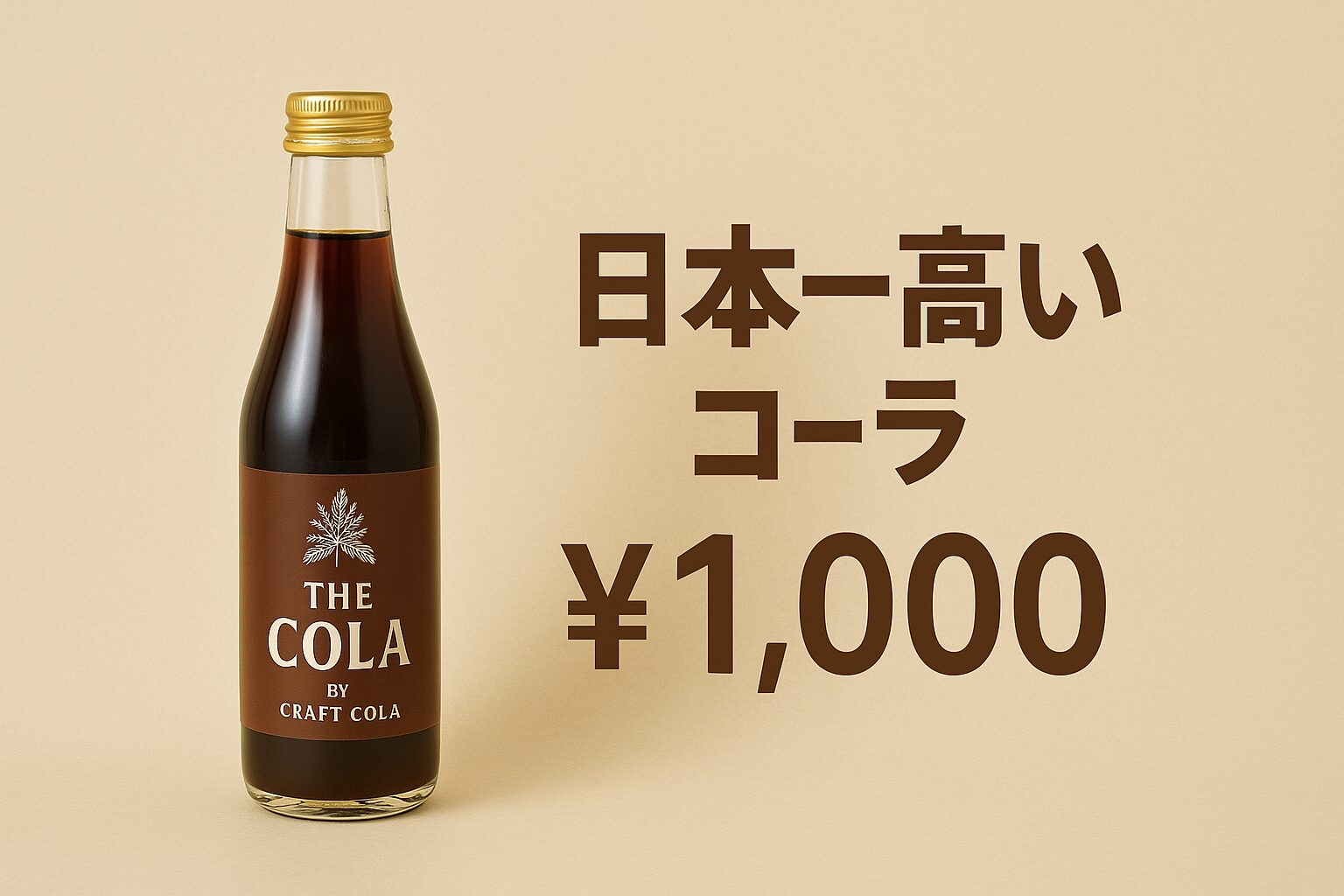 「THE COLA BY CRAFT COLA」とラベルに書かれた小瓶のクラフトコーラがベージュの背景に置かれ、横には「日本一高いコーラ ¥1,000」と大きく表示されている。瓶には金色のキャップが付いており、シンプルで高級感のあるデザインが強調された構図。