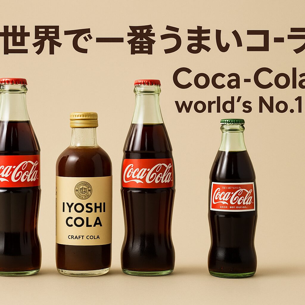 ベージュの背景に「世界で一番うまいコーラ」という見出しと「Coca-Cola world’s No.1」の英語表記。画面には左から順に、クラシックな瓶入りコカ・コーラ、伊良コーラ(IYOSHI COLA)、アメリカ製の瓶コーラ、そして緑のキャップが特徴的なメキシコ版コーラの4本が並んでおり、それぞれ形状やラベルが異なっている。コーラの味の多様性と人気を表現した構成。