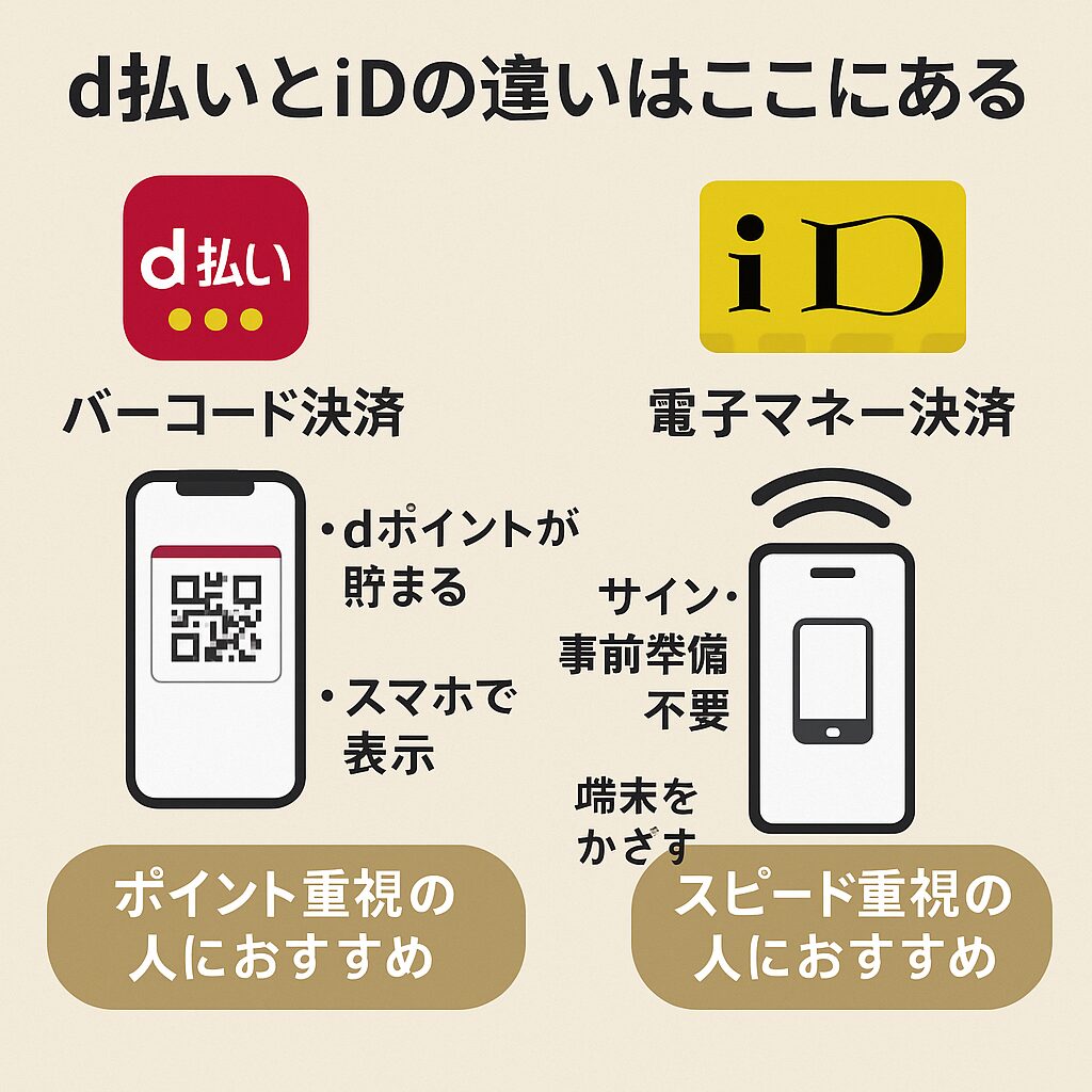 「d払いとiDの違いはここにある」というタイトルのもと、左側にはd払いのロゴとバーコード決済の説明、右側にはiDのロゴと電子マネー決済の特徴がイラストで示されている。下部には「ポイント重視の人におすすめ」と「スピード重視の人におすすめ」のラベルがそれぞれの特徴に対応して配置され、比較しやすい構成。背景は淡いベージュ。