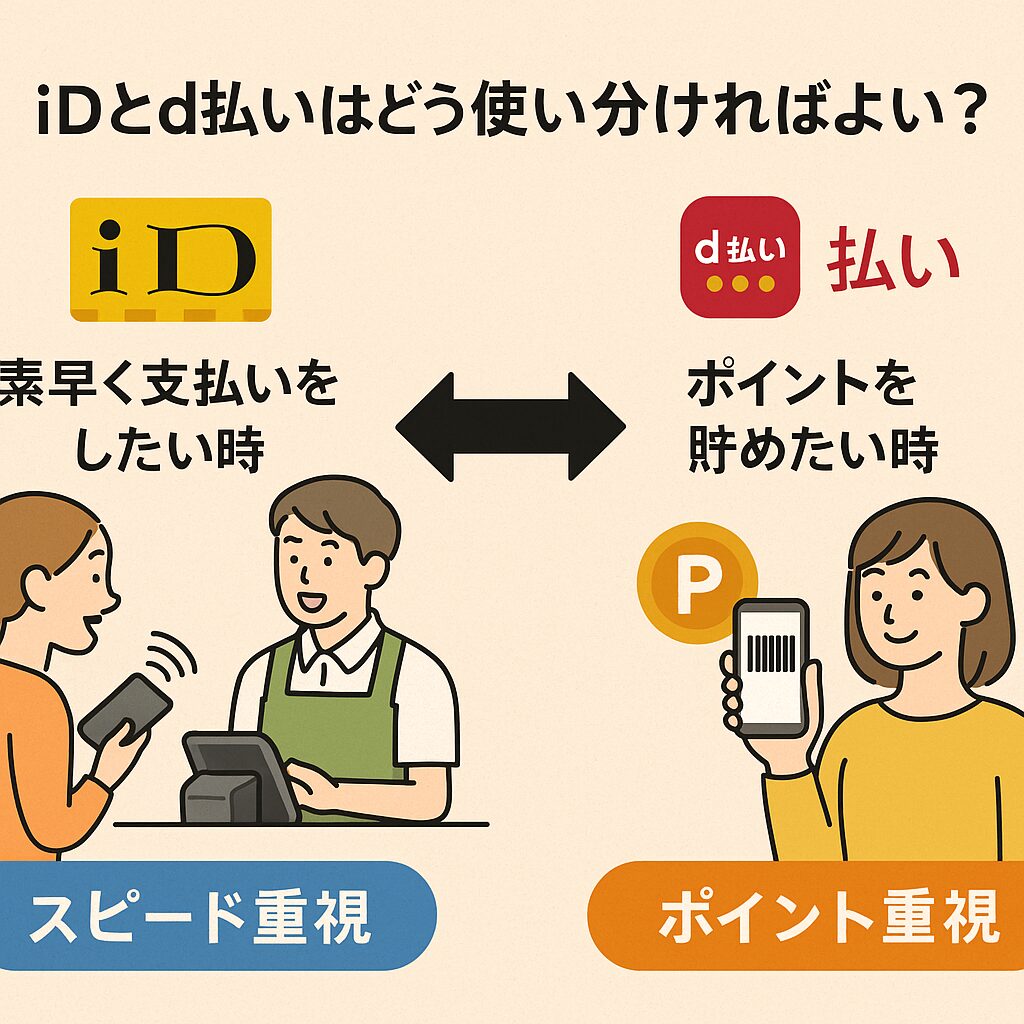 画像は「iDとd払いはどう使い分ければよい?」というタイトルの下、左に「iD=素早く支払いをしたい時」、右に「d払い=ポイントを貯めたい時」という使い分けを示している。左側にはスマホをレジにかざす女性と店員、右側にはバーコードを表示してポイントを貯める女性のイラスト。下部には「スピード重視」「ポイント重視」のラベル付き。背景はベージュ。
