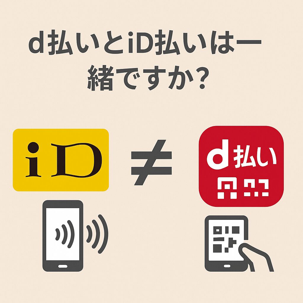 「d払いとiD払いは一緒ですか?」という見出しの下、左に黄色の「iD払い」ロゴと非接触決済を示すスマホアイコン、右に赤の「d払い」ロゴとQRコード決済のアイコンが表示され、その間に「≠(異なる)」の記号が大きく描かれている。支払い方法の違いを視覚的に伝える構成で、背景はベージュ。
2/2