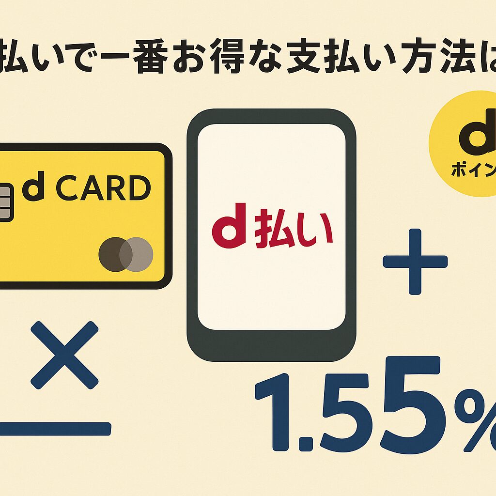 「d払いで一番お得な支払い方法は?」という見出しの下に、dカード(黄色のクレジットカード)とd払いアプリを示すスマートフォンのイラストが並び、組み合わせによるポイント還元「1.5%」の文字が大きく強調されている。右上にはdポイントのロゴもあり、dカードを支払い元に設定することで還元率がアップすることを視覚的に伝えている。背景はベージュ。