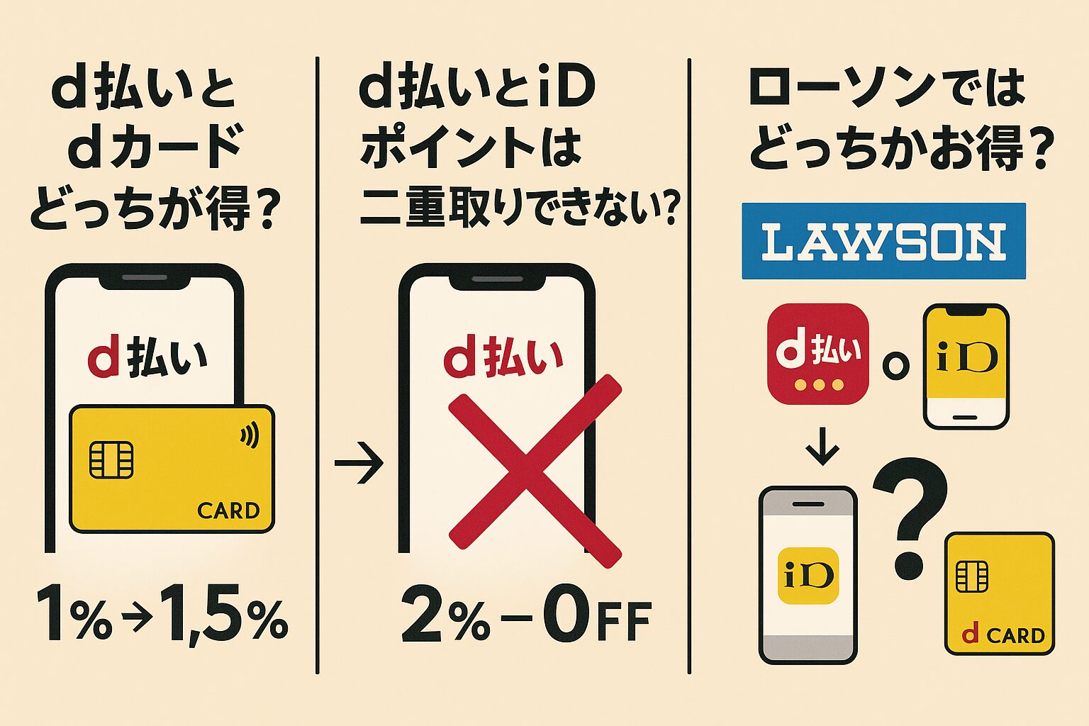画像は3つの縦割りセクションに分かれ、「d払いとdカードどっちが得?」「d払いとiDポイントは二重取りできない?」「ローソンではどっちかお得?」というテーマ別に視覚的に解説している。左はスマホにd払いとdカードが表示され「1%→1.5%」、中央はd払いとiDの組み合わせに赤いバツ印が重なり「2%→0OFF」、右はローソンのロゴと複数の支払い方法が並び、クエスチョンマークが強調されている。背景はベージュ。