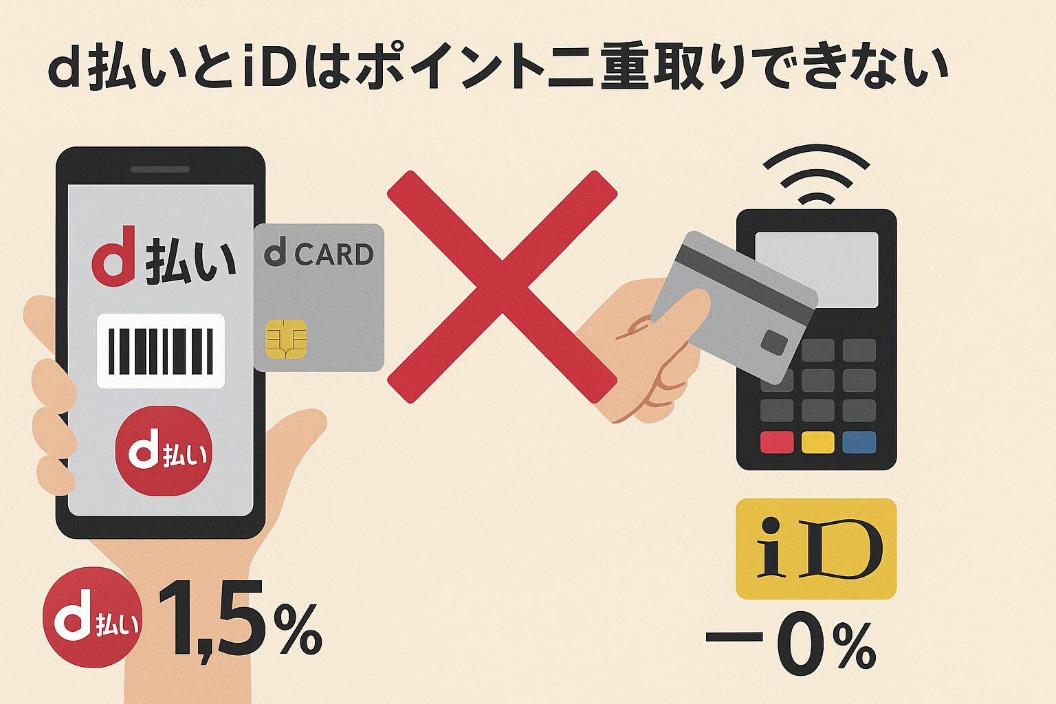 画像の左側には「d払い」と書かれたスマートフォンとdカードが重なって表示され、「1.5%」と大きく記載。右側にはiDカードを非接触端末にかざすイラストがあり、「0%」と表記。中央に赤いバツ印があり、両者を同時に使ってポイントを二重取りすることができないことを視覚的に示している。背景はベージュ。