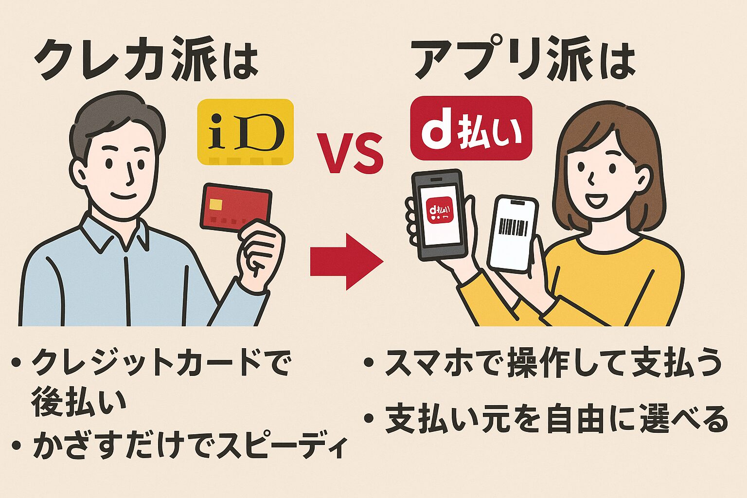 左側に「クレカ派はiD」と書かれた見出しと、クレジットカードを手に持つ男性のイラスト。「クレジットカードで後払い」「かざすだけでスピーディ」と書かれている。右側には「アプリ派はd払い」と書かれた見出しと、スマホを2台持ってd払い画面とバーコードを見せる女性のイラスト。「スマホで操作して支払う」「支払い元を自由に選べる」という特徴が併記されている。背景はベージュ。