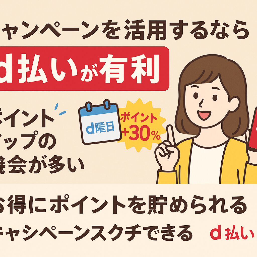「キャンペーンを活用するならd払いが有利」という見出しの下、スマホを持った笑顔の女性が指を立てて強調。横には「d曜日」や「ポイント+30%」と書かれたキャンペーンアイコンが表示されており、d払いでお得にポイントが貯められるイメージを視覚的に伝えている。背景はベージュ。