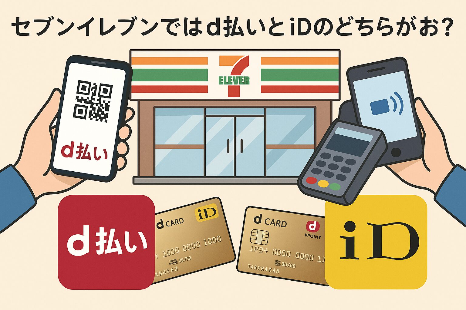 セブンイレブンの店舗前で、スマホによるd払いとiD決済の違いを比較するイラスト。d払いはQRコード、iDは非接触端末を使用している様子が描かれている。