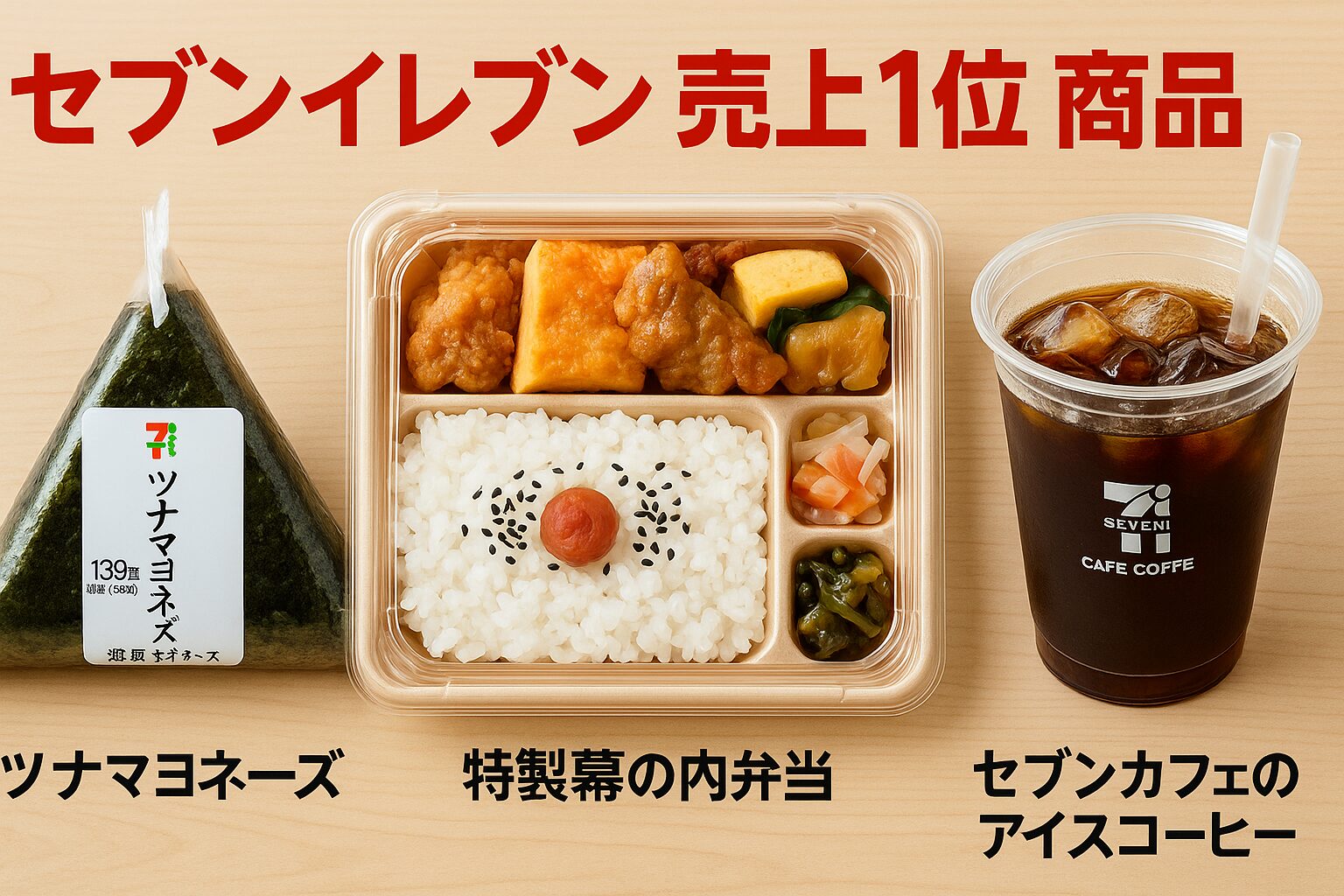木目のテーブルの上に、セブンイレブンの売上上位商品「ツナマヨネーズおにぎり」「特製幕の内弁当」「セブンカフェ アイスコーヒー」が並べられている。中央上部には「セブンイレブン 売上1位 商品」と大きく赤字で書かれており、それぞれの商品名も明記されている。背景は清潔感のある明るい木目調。