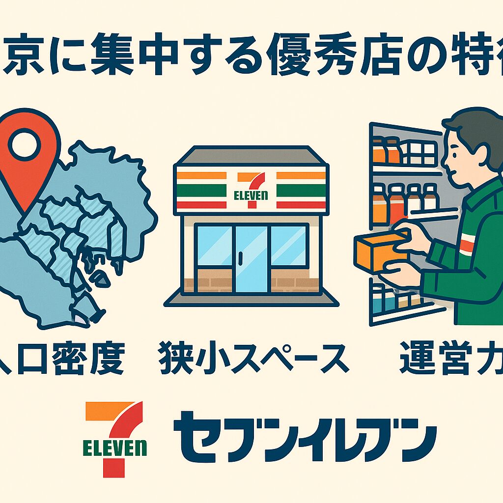 「東京に集中する優秀店の特徴」という見出しの下、左に東京の地図と赤い位置マーク、中央にセブンイレブン店舗のアイコン、右には商品を補充する店員のイラストが並んでいる。下部には「人口密度」「狭小スペース」「運営力」と書かれており、東京の高売上店舗の特徴を視覚的に表した構成。背景は明るいベージュ。