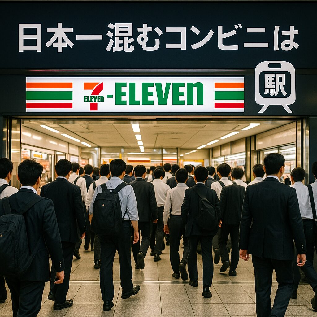 「日本一混むコンビニは」と書かれた黒い看板の下、駅構内にあるセブンイレブンの店舗に向かって大勢のビジネスマンが歩いている光景。店の看板と「駅」のアイコンが表示されており、通勤ラッシュ時の混雑を象徴するようなシーン。