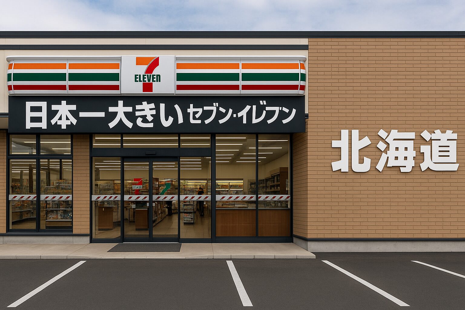 「日本一大きいセブン-イレブン」と書かれた看板が店舗上部に掲げられた、北海道帯広市にある広大なセブン-イレブンの外観。ベージュの外壁と広いガラス張りの入り口が印象的で、右側には「北海道」の大きな文字も配置されている。店舗前には広々とした駐車スペースがあり、大型店舗であることが視覚的に伝わる構成。