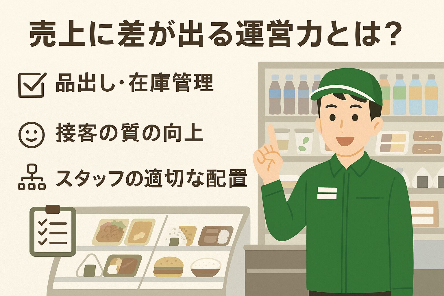 セブンイレブンの店内で、品出しをしているスタッフ、レジで笑顔で対応する店員、床を清掃するスタッフの姿が同時に描かれており、「売上に差が出る運営力」というタイトルが上部に表示されている。背景には整然と並んだ商品棚と明るく清潔な店舗の様子が広がっている。
