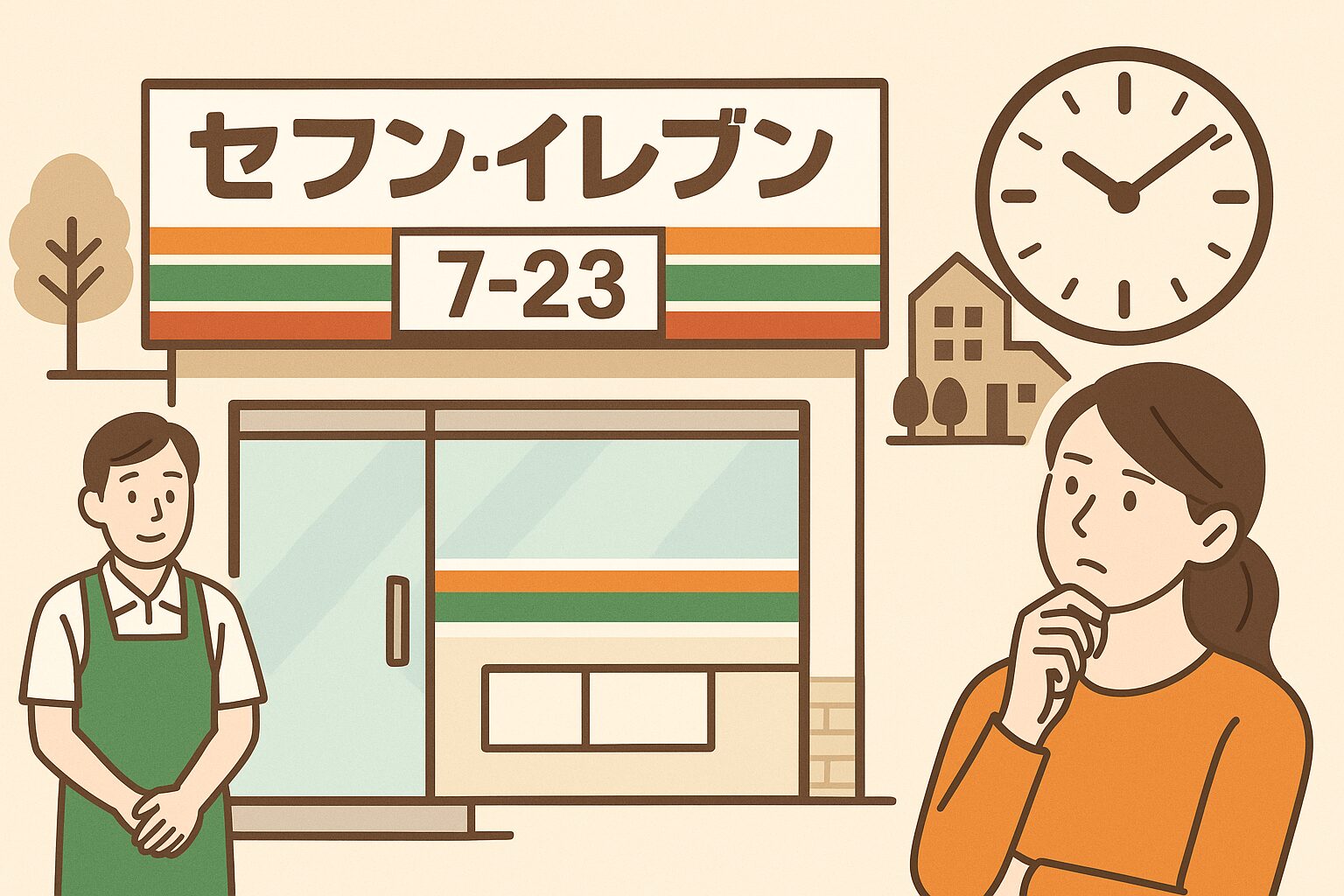 セブンイレブンの店頭に「7-23」の営業時間表示がある様子。左側には笑顔の店員、右側には時計を見上げる女性と住宅街のイラストが描かれている。