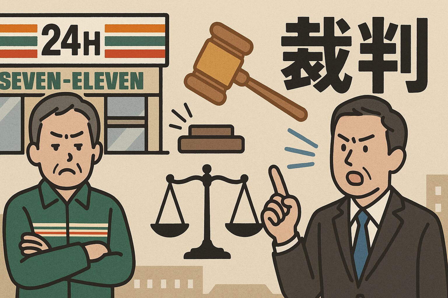 法廷をイメージした背景と、コンビニ本部とオーナー間の対立を象徴するシーン（契約書と時計）

