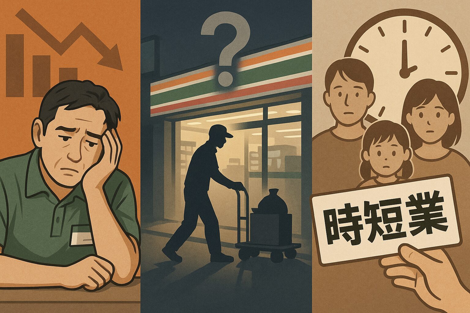 左:頭を抱える男性オーナーと下降する売上グラフ、中央:夜間営業する店舗前に立つ影の人物と疑問符、右:壁の時計と「時短営業」の札を持つ家族のイラスト