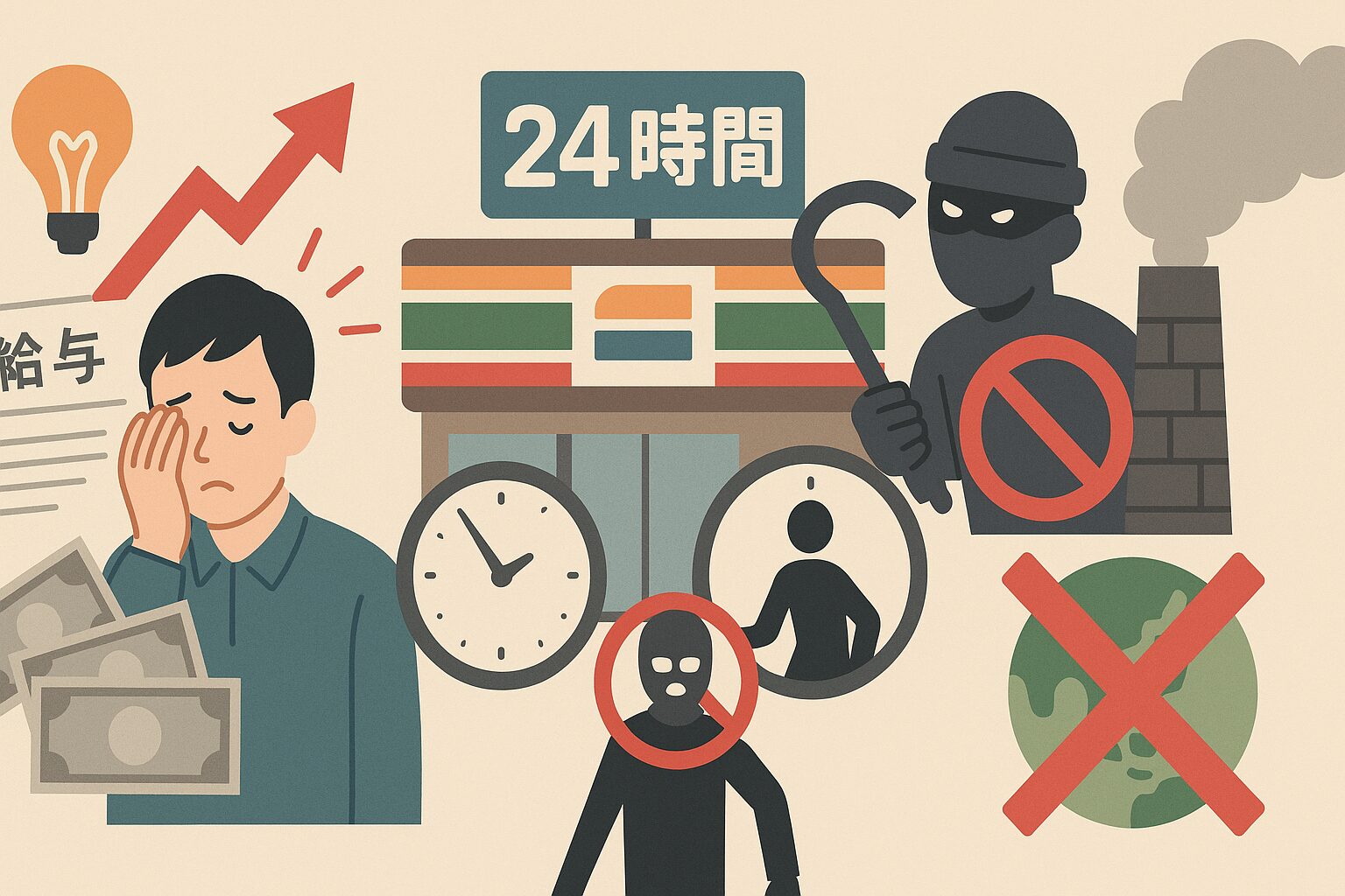 24時間営業のコンビニに関する課題を描いたイラスト。左には給料や電気代に頭を抱えるオーナー、中央には24時間営業の店舗と時計、右には深夜の犯罪リスクや環境汚染を示すマークが並ぶ。コスト・人手・安全・環境の問題を視覚的に表現。