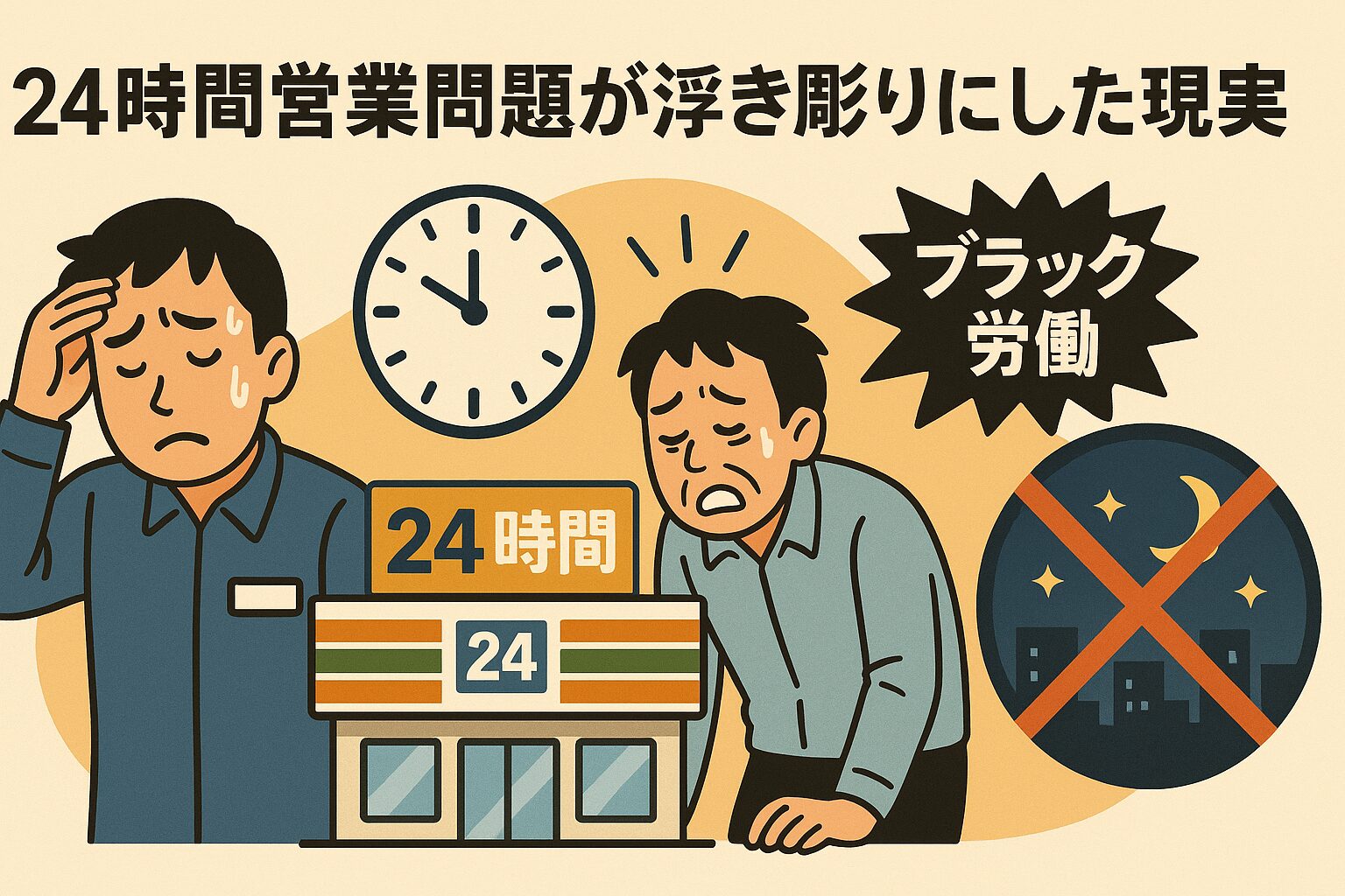 24時間営業による問題を描いたイラスト。汗をかきながら疲れた表情のコンビニ店員、24時間営業の店舗、時計、「ブラック労働」の文字、夜間営業に対する反対を示すアイコンが配置されている。