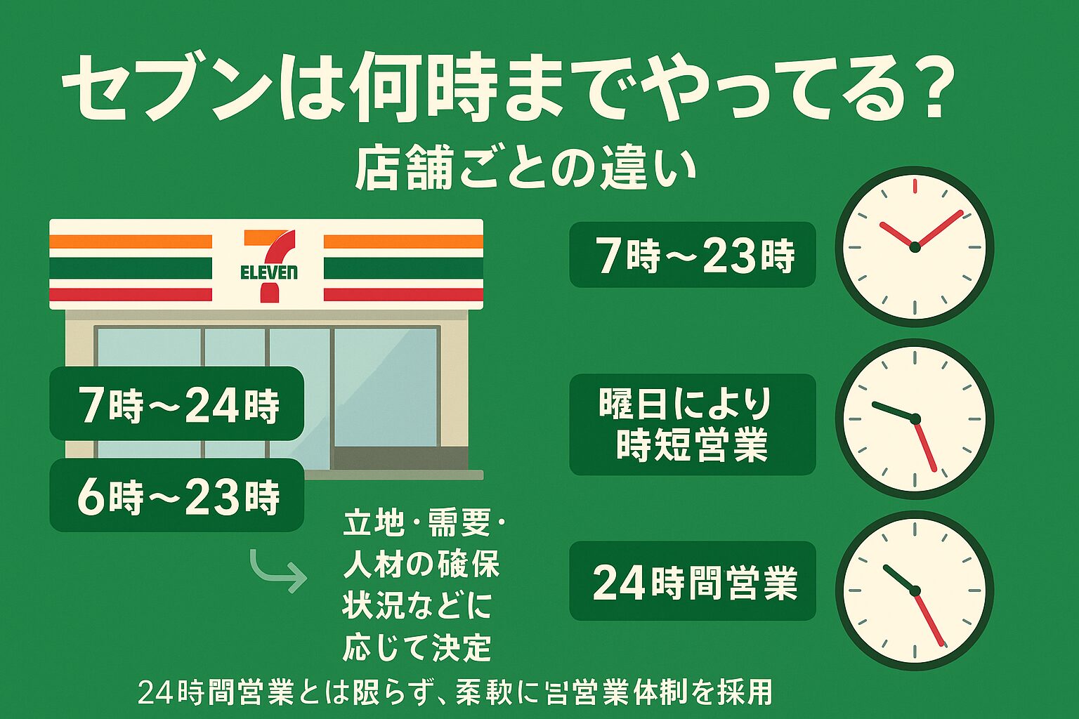 緑色の背景に、さまざまな営業時間帯を示したセブンイレブンのイラスト付きインフォグラフィック。「セブンは何時までやってる?店舗ごとの違い」という大きな見出しの下に、「7時〜24時」「6時〜23時」「7時〜23時」「曜日により時短営業」「24時間営業」などの営業時間バリエーションと、それぞれに対応する時計アイコンが配置されている。下部には「立地・需要・人材の確保状況などに応じて決定」「24時間営業とは限らず、柔軟に営業時間体制を採用」といった説明文もある。