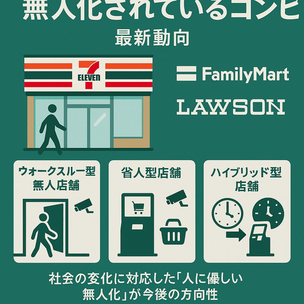 無人化された未来型コンビニ店舗のイラスト。店内は明るく、天井には複数の監視カメラとセンサーが設置され、棚には食品や飲料が並んでいる。レジの代わりにセルフ精算機があり、買い物客はスマートフォンで決済をしている。店内にはスタッフはおらず、AIアシスタントのディスプレイが設置されている未来的な雰囲気。