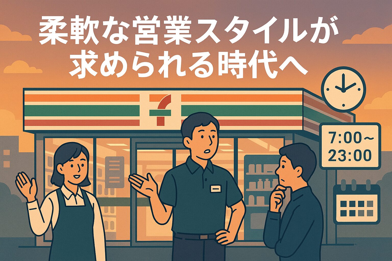 セブンイレブンの店舗前で、営業時間「7:00~23:00」の看板とともに、従業員・店長・利用客が柔軟な営業スタイルについて会話しているイラスト。夕暮れ空の下で和やかな雰囲気が描かれている。