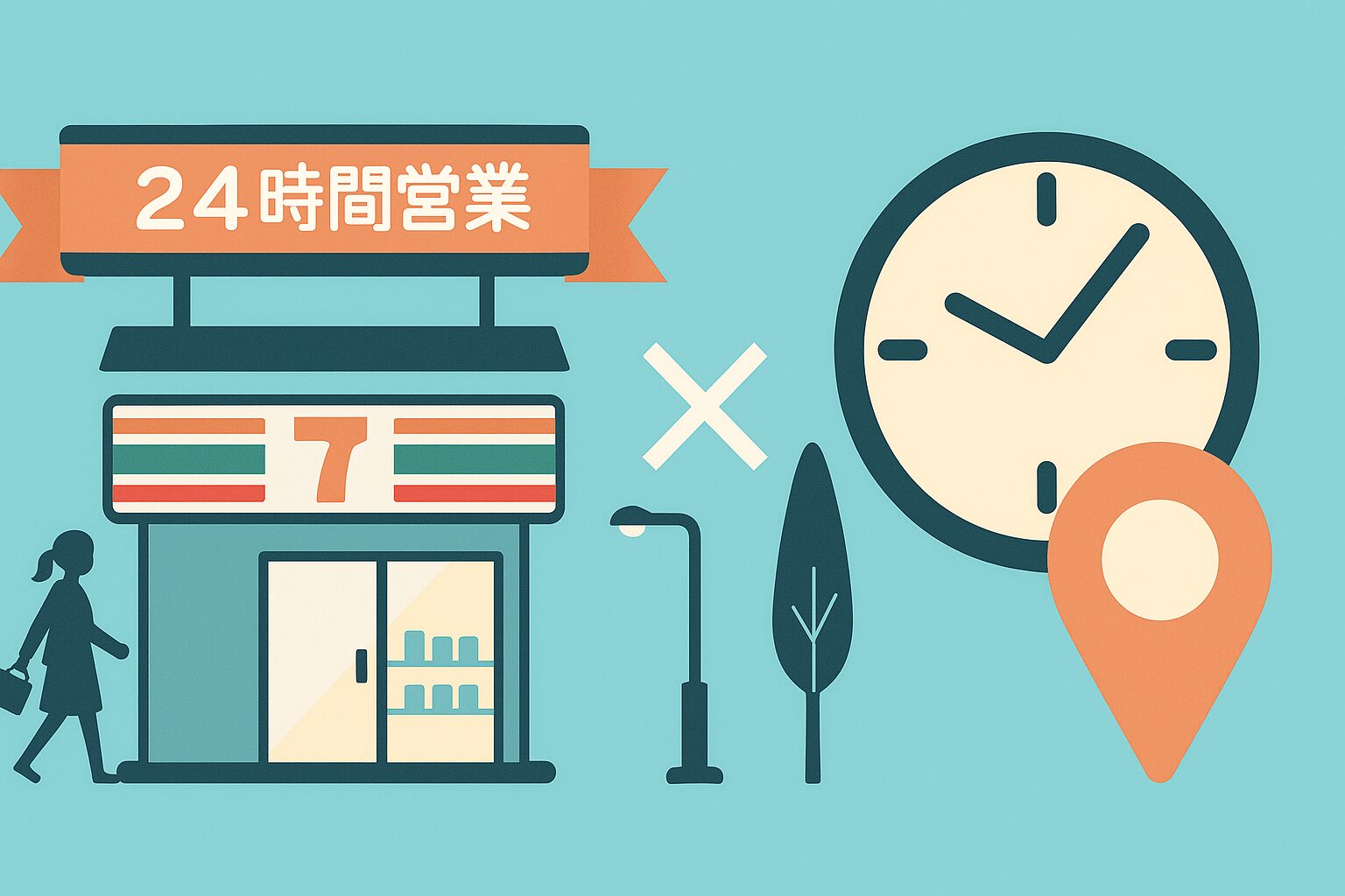 無人コンビニを象徴する建物と「24時間営業」の看板、時計、地図ピンが対比的に描かれたイラスト（16:9比率）