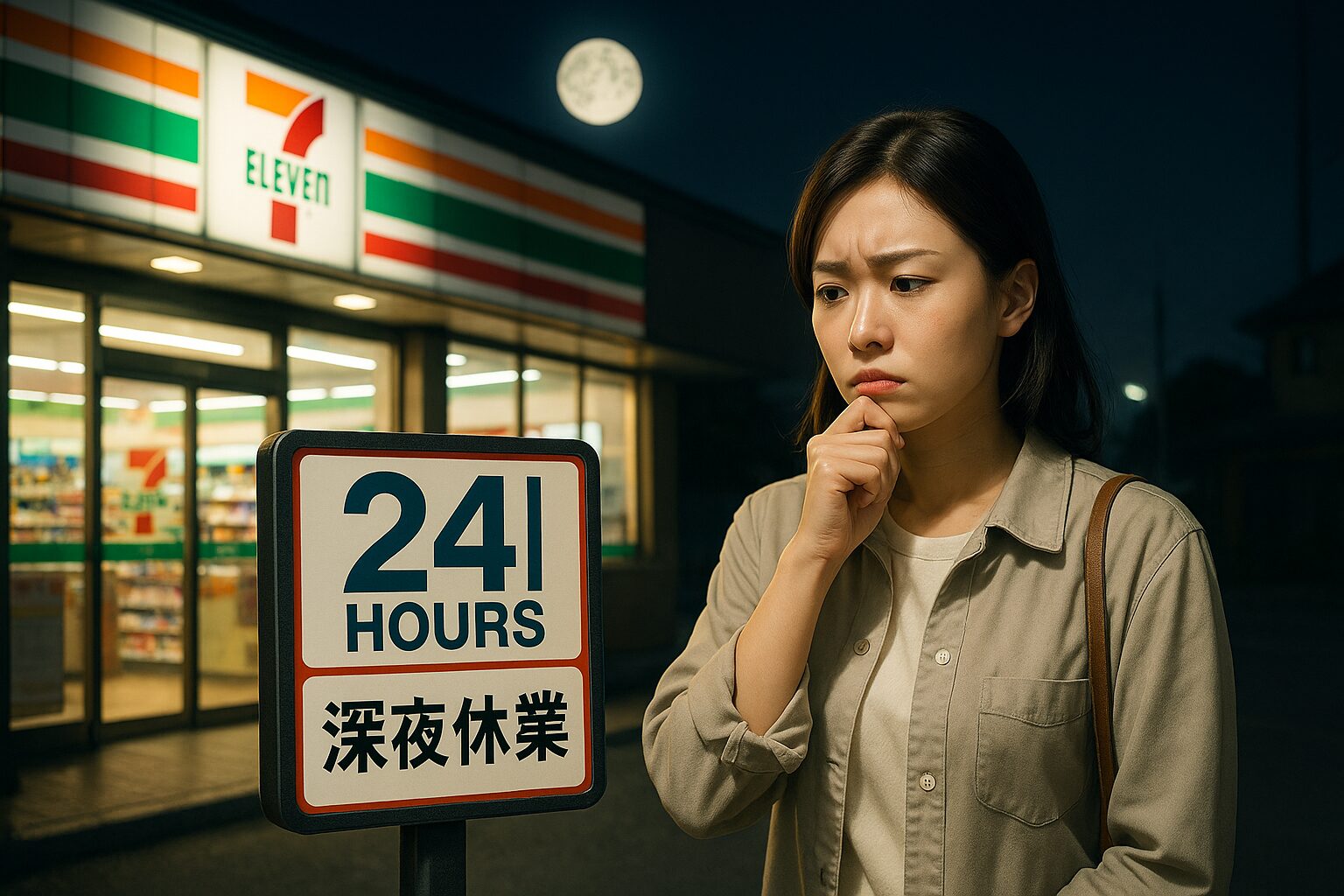 夜のセブンイレブンの前に立つ若い女性が、「24時間営業」と書かれた看板と「深夜休業」の文字を見て困惑している様子。背後の店舗は明るく照らされ、満月が空に浮かんでいる。