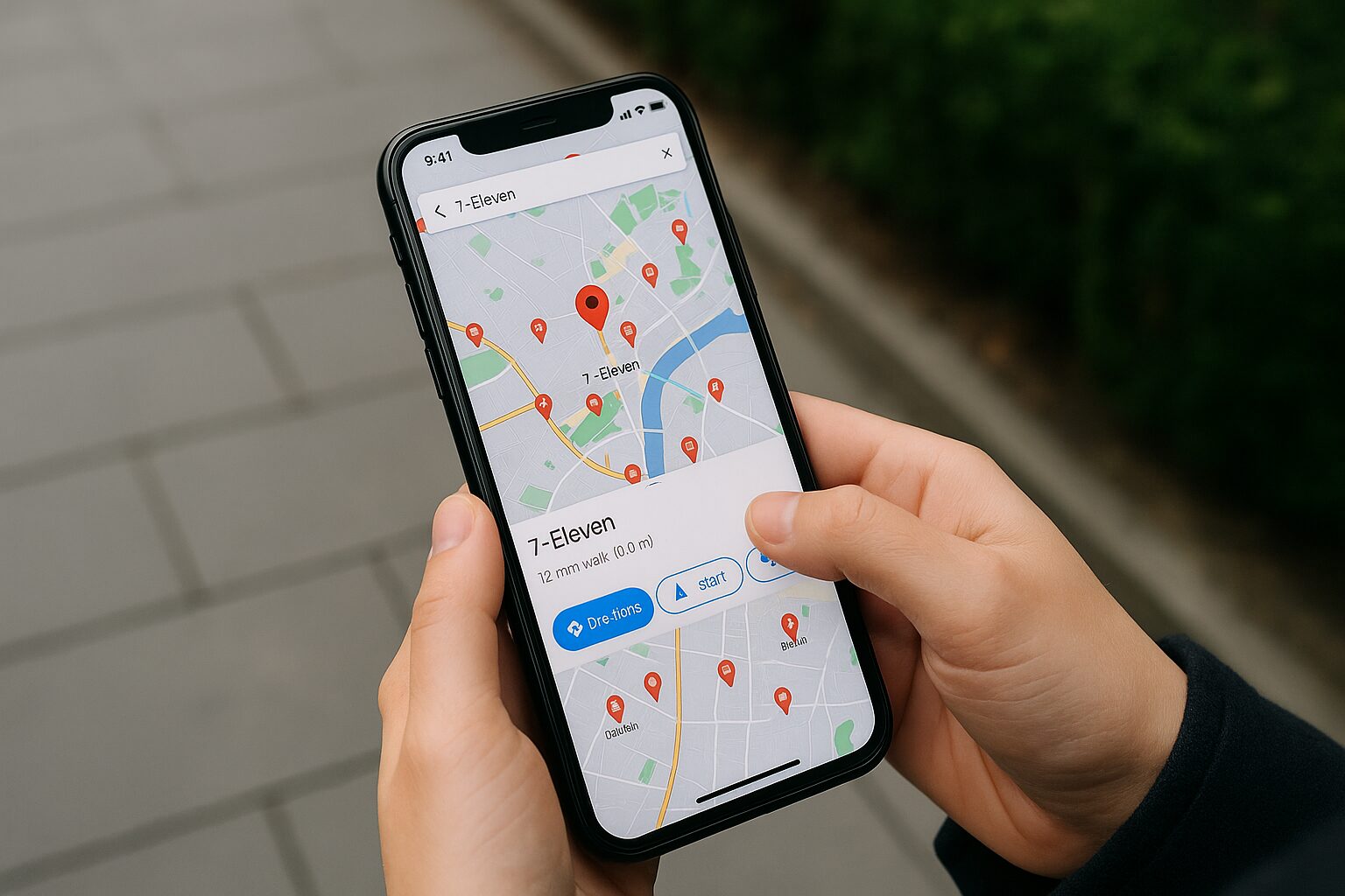 歩道を歩きながらスマートフォンの地図アプリで「セブンイレブン」と検索し、徒歩ルートを確認している様子。画面には周辺の店舗位置と所要時間が表示されている。