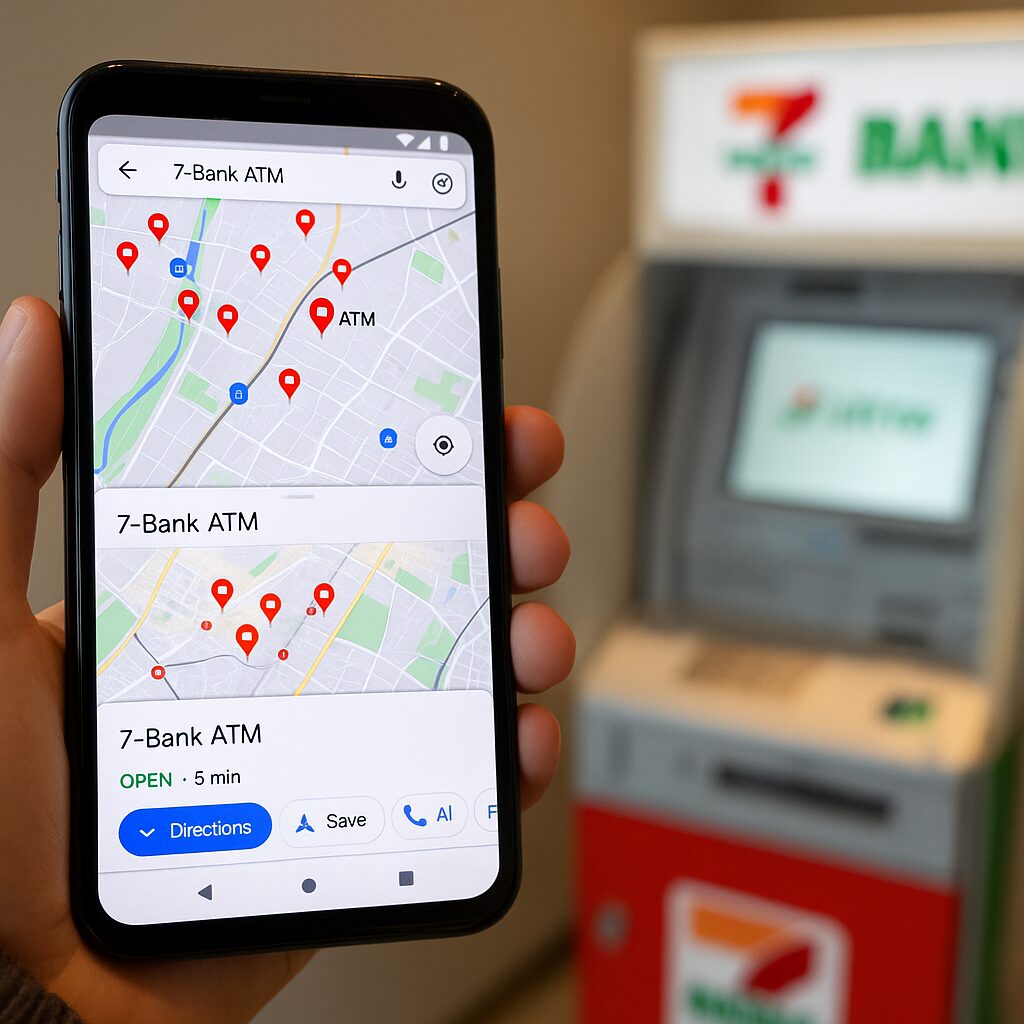 スマートフォンの画面にGoogle Maps上の「セブン銀行ATM」の検索結果が表示されており、背景にはぼやけたセブン銀行ATMが見える場面