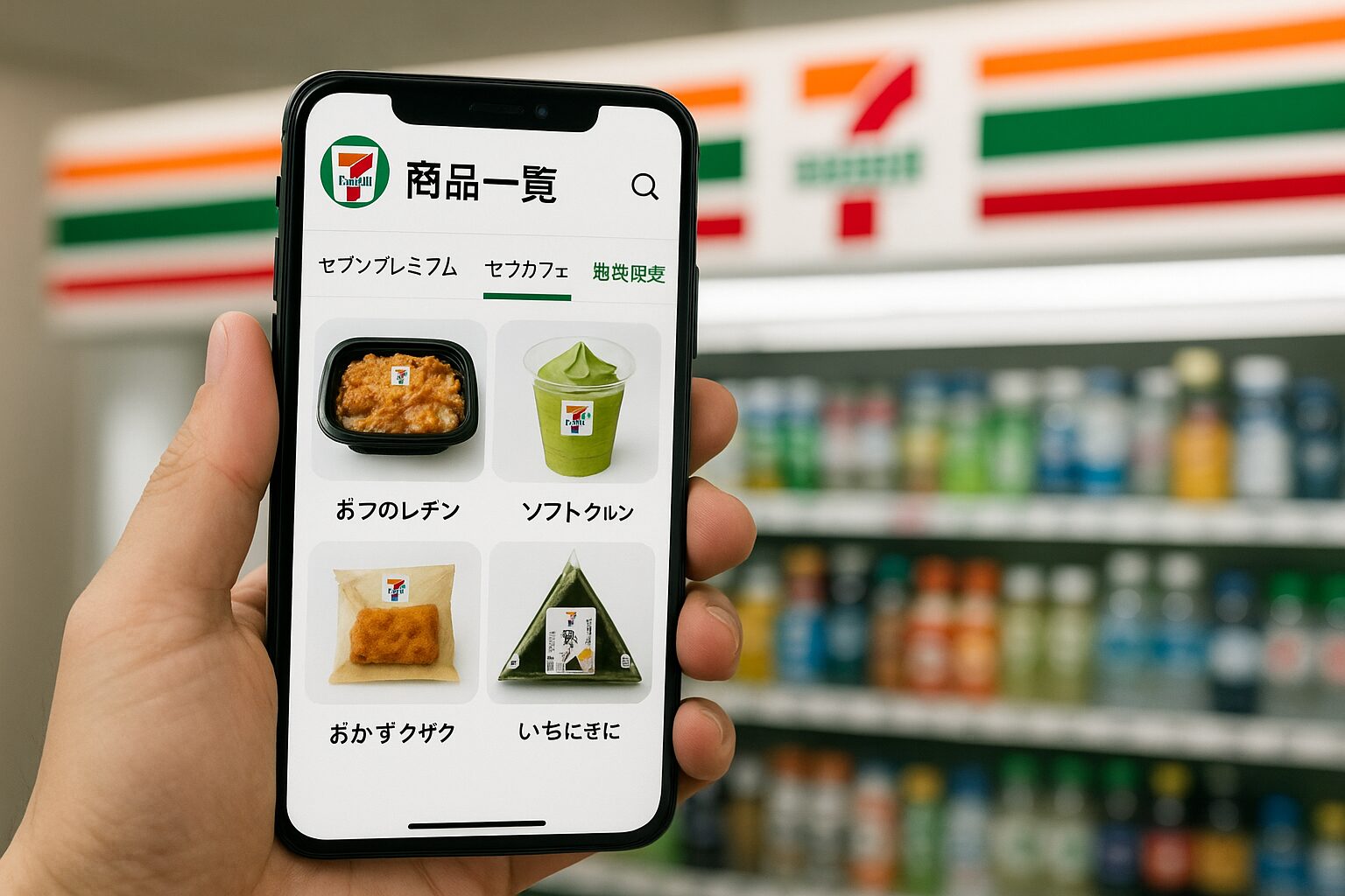 セブンイレブン店舗内で、スマートフォンに表示された「商品一覧」画面を手に持つ人物。画面にはおにぎり、揚げ物、抹茶ソフトなど限定商品が表示され、背景には飲料棚がぼんやりと見える。
