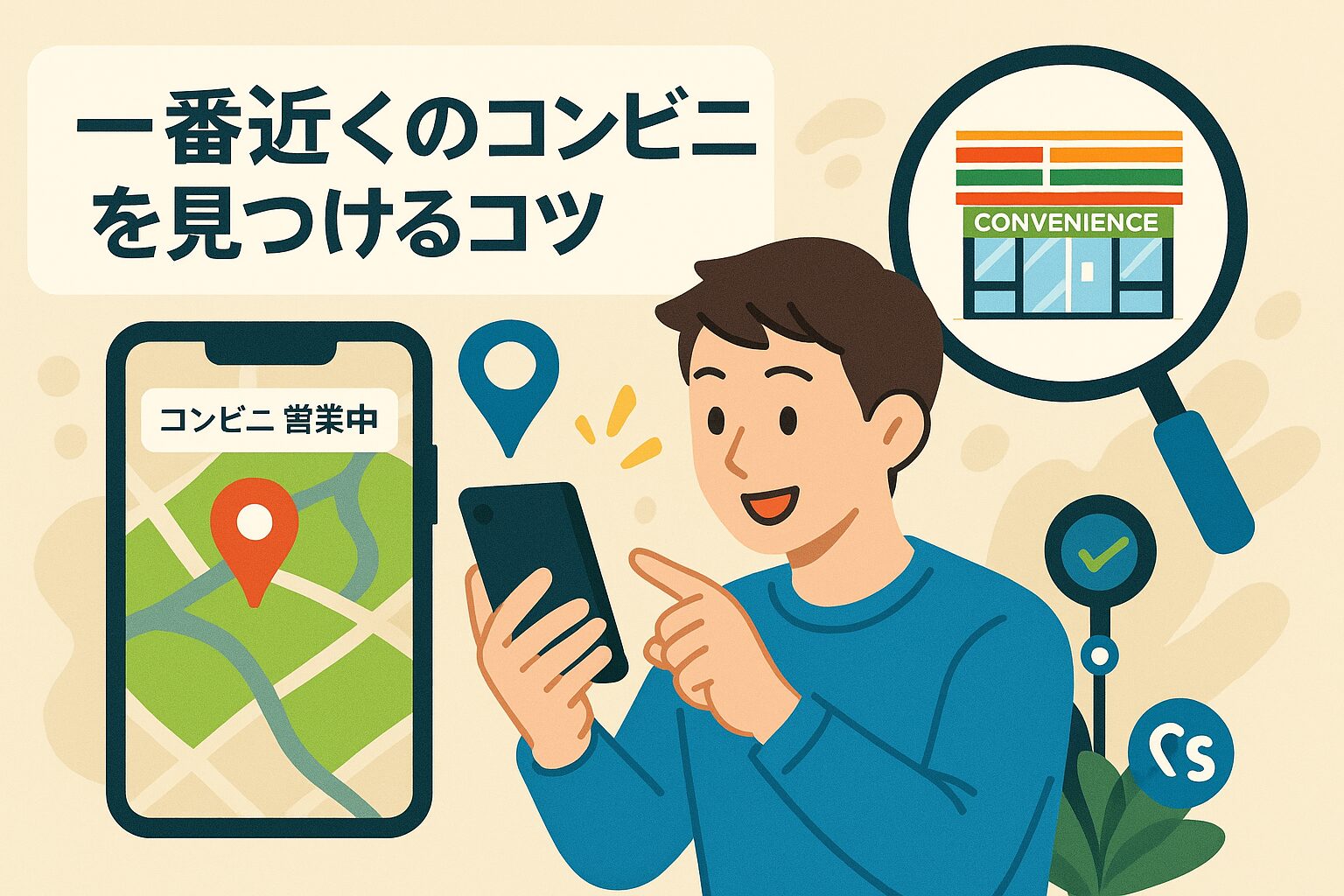 スマートフォンでコンビニの場所を検索している若い男性のイラスト。マップアプリの画面には「コンビニ 営業中」と表示されており、赤いピンで店舗位置が示されている。画面右上には拡大鏡とセブンイレブン風のコンビニのイラストが描かれている。