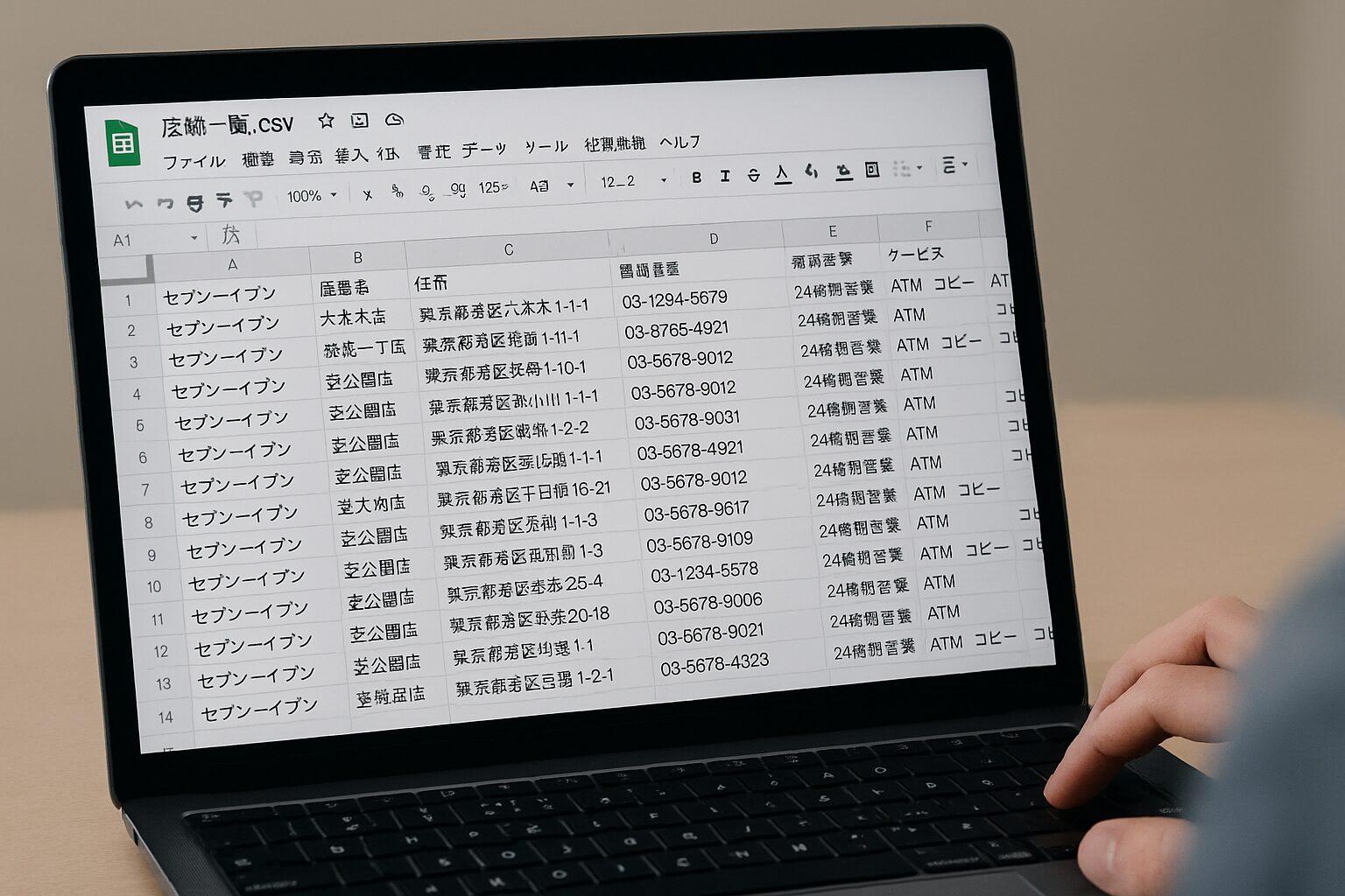 ノートパソコンの画面に「店舗一覧.CSV」と表示されたスプレッドシートが開かれており、セブンイレブンの店舗名・住所・電話番号・営業時間・サービス内容などのデータが並んでいる。ユーザーの手がキーボードの上に置かれている。