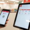 セブンイレブンのセルフレジで、PayPayアプリが表示されたスマートフォンを使い支払いを行う手元のクローズアップ画像。背景には支払いオプションが表示されたセルフレジの画面が見える。