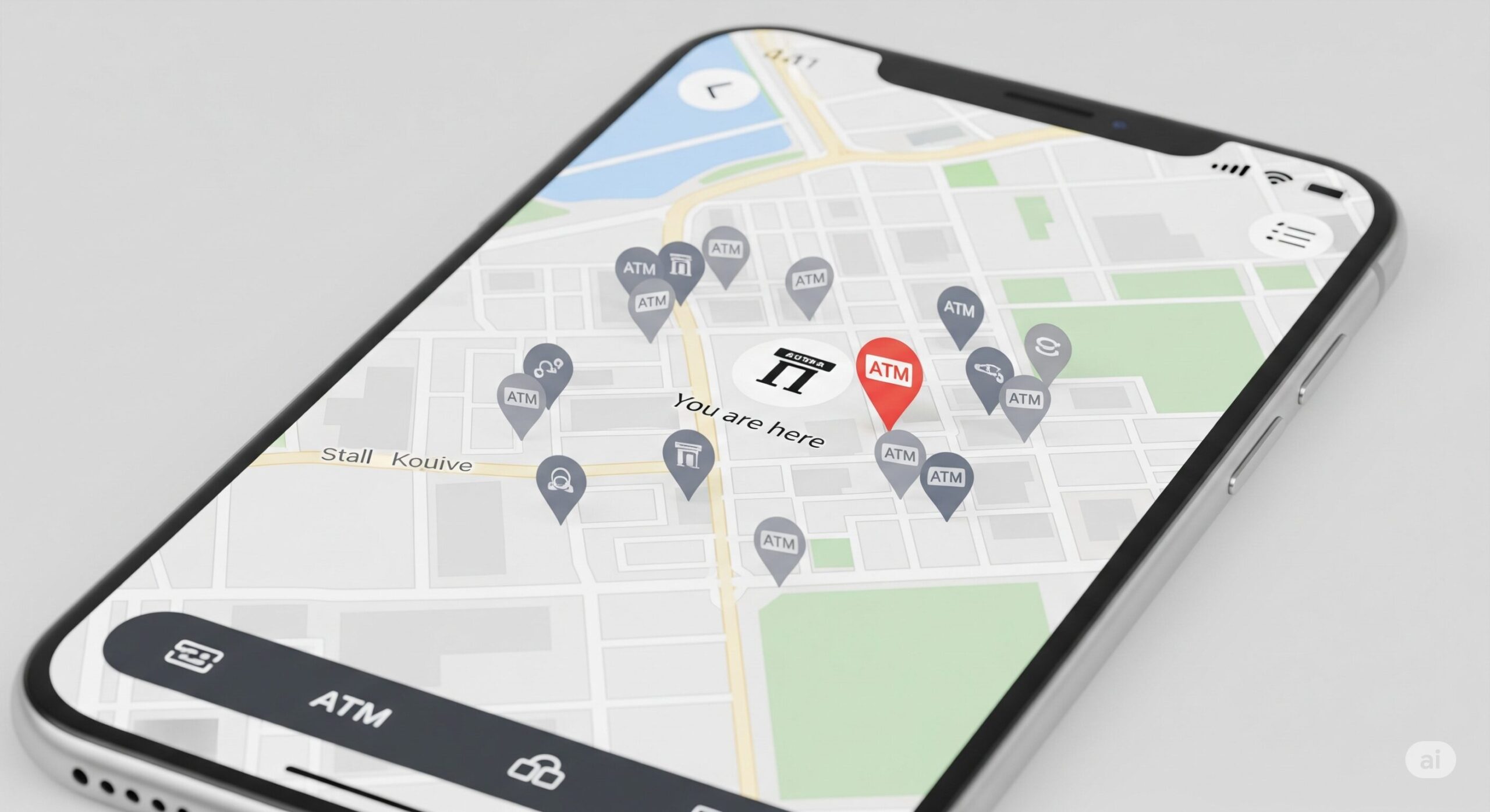スマートフォンの地図アプリ画面のアップ。現在地を示すマーカーの周辺に複数のATMを示すピンが表示され、そのうちの一つが強調されている様子。