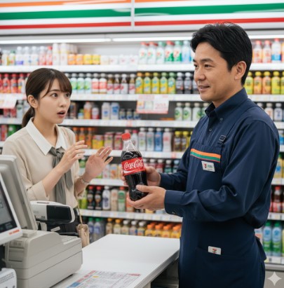 コンビニエンスストアのレジで、コーラ500mlペットボトルを手に持つ男性店長。背景には商品棚が並び、顧客が価格表示を見て驚いている様子がうかがえる。