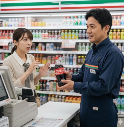 セブンイレブンの商品棚に並べられたコカ・コーラ500mlペットボトル。値札には216円と表示されており、消費者がその価格に注目している。