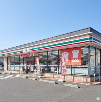 晴れた日のセブンイレブン店舗の外観。店頭には「焼きたてパン」と描かれたのぼり旗と、パンのイラストが描かれた赤い大きなタペストリーが掲げられている。
