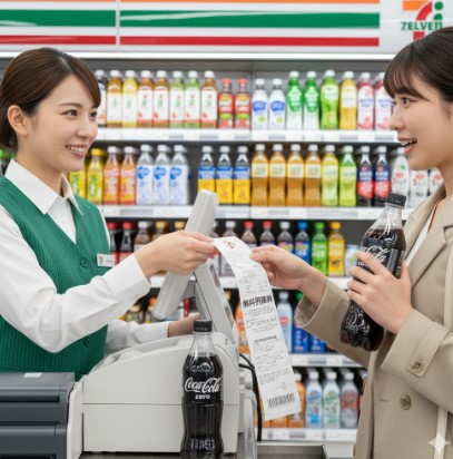セブンイレブンのレジで、コカ・コーラ500mlを1本購入した日本人女性が、店員から無料引換券が印字されたレシートを受け取っている。