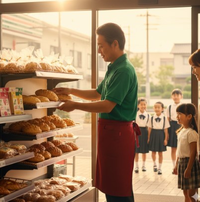 4分割された画像。左上には笑顔の店員が焼きたてパンのトレイを持ち、右上にはビジネスパーソンがセブンイレブンの店頭に並んでいる。左下はパンが並べられたガラスケース、右下はレジでパンを購入する客と店員。