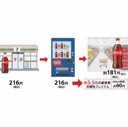 セブンイレブン、自動販売機、スーパーマーケットのロゴが並び、それぞれの場所で販売されているコカ・コーラ500mlと1.5Lペットボトルの価格差を比較する視覚的なイメージ。