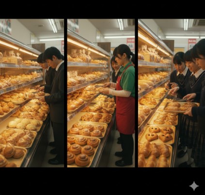 3分割された画像で、セブンイレブン店内の焼きたてパンコーナーの様子。左は朝、通勤中の男性がパンを選んでおり、中央は店員が昼にパンを補充している。右は夕方、学生たちがパンを選んでいる。